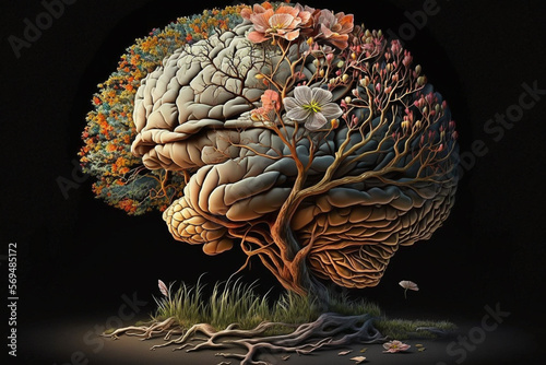 Human brain with spring flowers, symbolising mental health and self care concept, positive thinking, creative mind, positive ideas. Ai generated