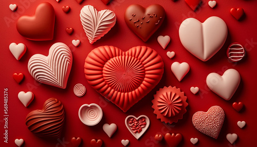 A flat lay style greeting composition that showcases a collection of red hearts is presented against the backdrop of Valentine's Day.