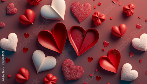 A flat lay style greeting composition, presenting a cluster of red hearts, is displayed against the backdrop of Valentine's Day.