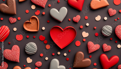 A greeting composition arranged in flat lay style, featuring an array of red hearts, is presented against the backdrop of Valentine's Day.