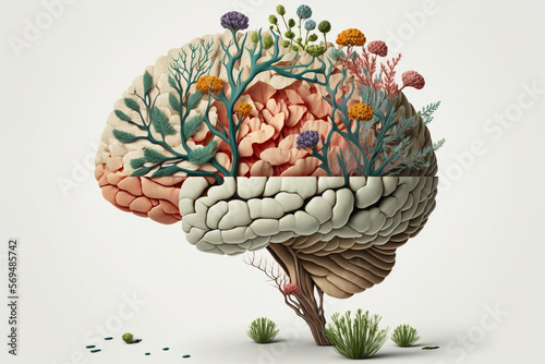 Human brain with spring flowers, symbolising mental health and self care concept, positive thinking, creative mind, positive ideas. Ai generated