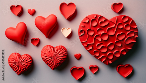 A flat lay style greeting composition with a cluster of red hearts is displayed against the backdrop of Valentine's Day.