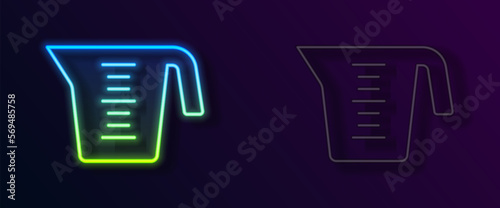 Glowing neon line Measuring cup to measure dry and liquid food icon isolated on black background. Plastic graduated beaker with handle. Vector