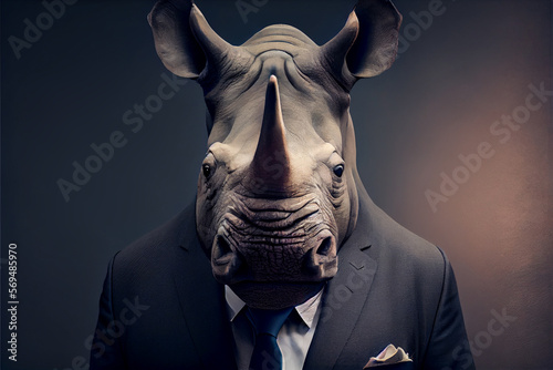 Portrait of a rhinoceros dressed in a business suit with tie. High quality ai generated illustration.