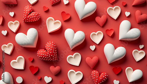 A flat lay style greeting composition, adorned with an array of red hearts, is presented on a Valentine's Day background.