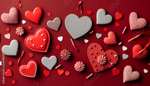 A flat lay style greeting composition displaying a collection of red hearts is set against the Valentine's Day background.
