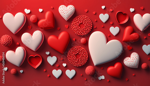 A Valentine's Day background serves as the setting for a flat lay style greeting composition that showcases a cluster of red hearts.