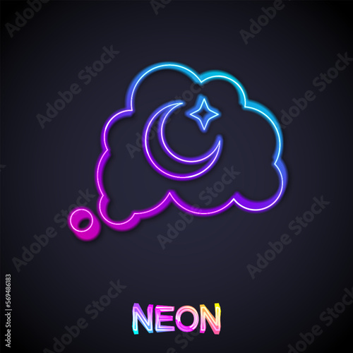 Glowing neon line Dreams icon isolated on black background. Sleep, rest, dream concept. Resting time and comfortable relaxation. Vector