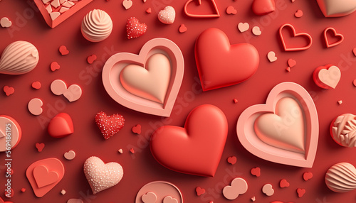 A greeting composition in a flat lay style featuring a group of red hearts is displayed on the Valentine's Day background.