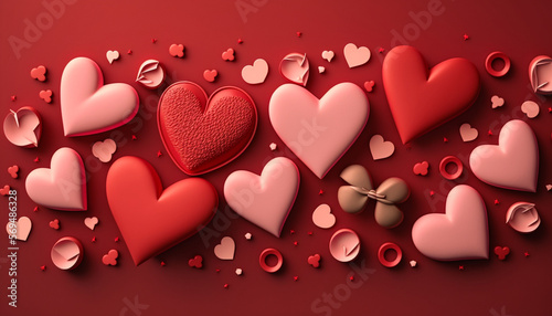 A Valentine's Day background sets the stage for a flat lay style greeting composition that presents a group of red hearts.