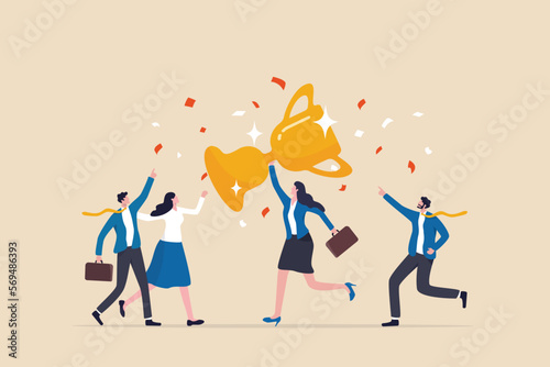 Success woman, female leadership or successful manager, woman lead team to achieve goal, award winner concept, businesswoman holding winning trophy with colleagues and employee celebrate success.