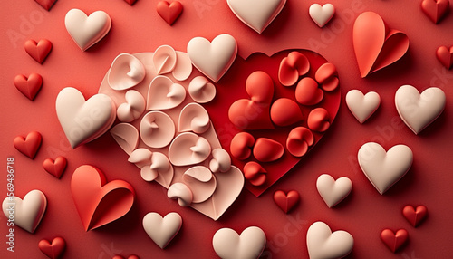 A greeting composition arranged in flat lay style, showcasing a collection of red hearts, is presented on a Valentine's Day background.
