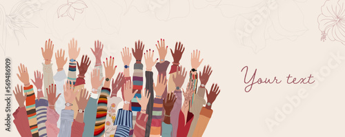 Banner group of hands up of diverse culture women. International Women’s day. Racial equality concept. Allyship and sisterhood. Feminism. Female social community. Empowerment or inclusion photo