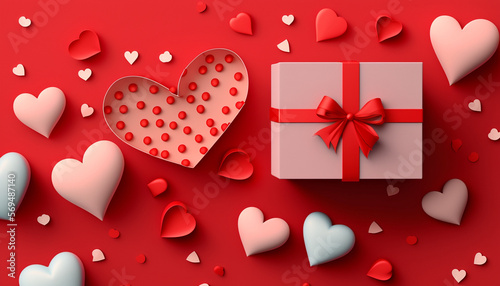 A flat lay style greeting composition presents a gift box and an abundance of red hearts against a Valentine's Day background.