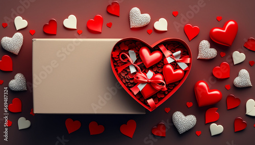 A greeting composition in flat lay style, showcasing a Valentine's Day background with a gift box and an array of red hearts.