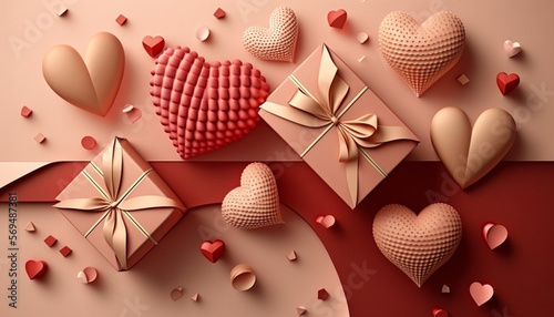 A flat lay style greeting composition featuring a gift box and multiple red hearts on a Valentine's Day background.