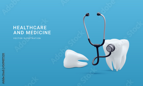 3d realistic tooth with medical stethoscope isolated on blue background. Oral health and dental inspection teeth. Concept of diagnostics. Vector illustration photo