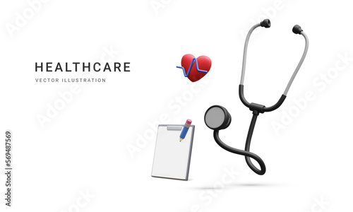 3d realistic medical stethoscope with heart and document isolated on white background. Online doctor consultation and healthcare concept. Vector illustration