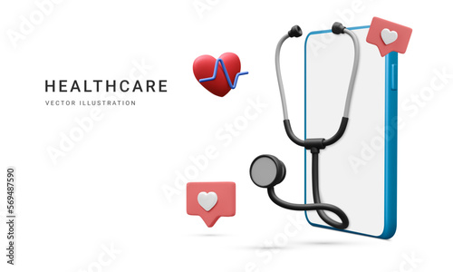 3d realistic medical stethoscope with heart and phone isolated on white background. Online doctor consultation and healthcare concept. Vector illustration
