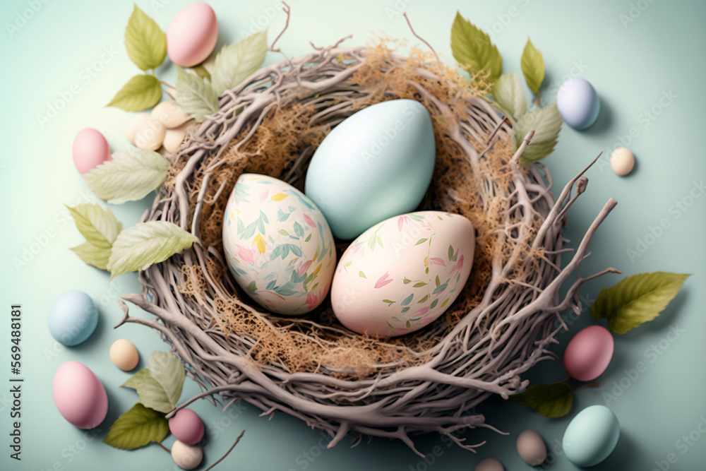 Fototapeta premium Beautiful Easter eggs in a nest amongst nature elements such as flowers and leafs in pastel colors creating a spring-like ambiance. Ai generated