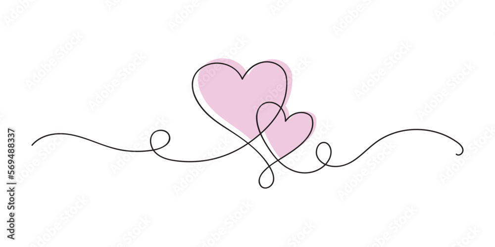 Two hearts continuous one line art drawing, valentines day concept, heart love couple outline artistic isolated vector illustration.