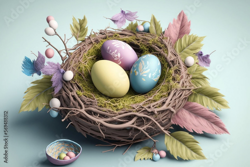 Beautiful Easter eggs in a nest amongst nature elements such as flowers and leafs in pastel colors creating a spring-like ambiance. Ai generated