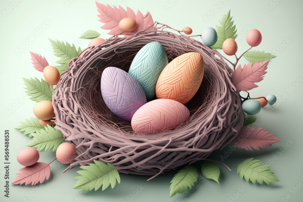 Beautiful Easter eggs in a nest amongst nature elements such as flowers and leafs in pastel colors creating a spring-like ambiance. Ai generated