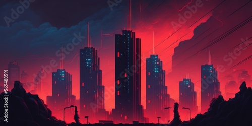 gloomy urban environment Massive towers from the future illuminated by red and blue neon lights against a stormy night sky. cyberpunk setting. The future city. illustration. Generative AI
