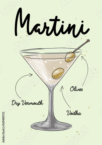 Vector engraved style Martini cocktail illustration for posters, decoration, logo, menu and print. Hand drawn sketch with lettering and recipe, beverage ingredients. Detailed colorful drawing.