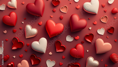 A Valentine's Day background with a flat lay style greeting composition showcasing an array of red hearts.