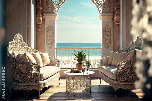 Inviting outdoor terrace with designer furniture overlooking the ocean. High quality ai generated illustration. photo