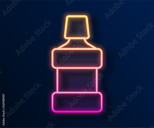 Glowing neon line Mouthwash plastic bottle icon isolated on black background. Liquid for rinsing mouth. Oralcare equipment. Vector