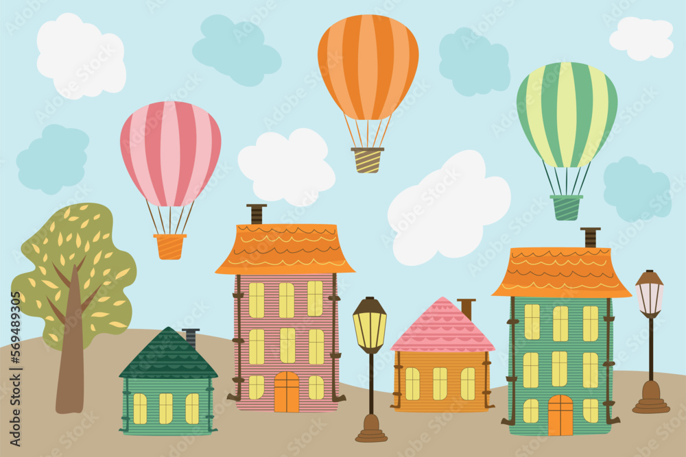set of isolated autumn city with balloons set of isolated autumn city with balloons