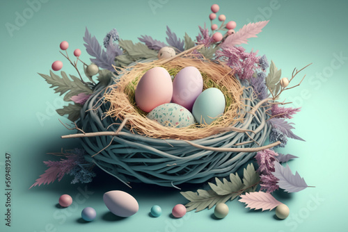 Beautiful Easter eggs in a nest amongst nature elements such as flowers and leafs in pastel colors creating a spring-like ambiance. Ai generated