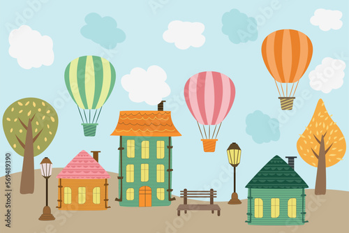 set of isolated autumn city with balloons, lanterns and a bench