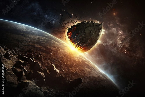 The Cosmic Cataclysm. Giant asteroid colliding with a planet or Earth, depicting a catastrophic event that has devastating consequences. Ai generated