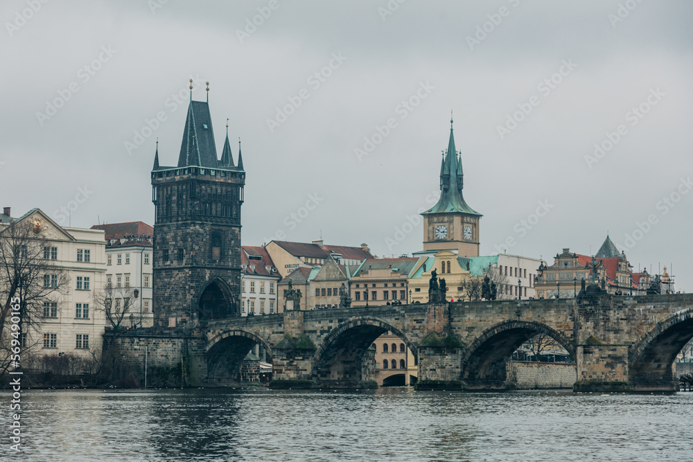 View on Charles bridge in Prague in january, Czech Republic