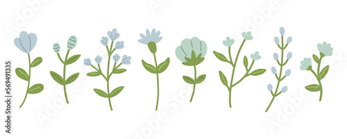 Garden floral plants set. Simple doodle flower plants isolated on white background. Colorful flat vector illustration