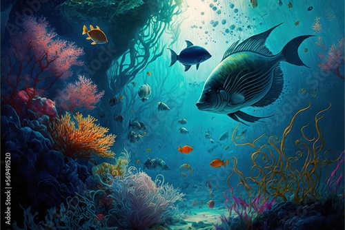 Colorful Reef, Underwater Background, Fishes in the Sea, Concept Art, Digital Illustration, Generative AI