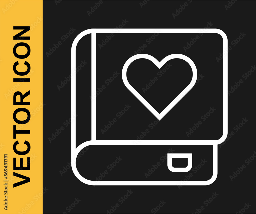 White line Romance book icon isolated on black background. Vector White line Romance book icon isolated on black background. Vector