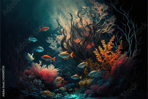 Colorful Reef, Underwater Background, Fishes in the Sea, Concept Art, Digital Illustration, Generative AI © Badger