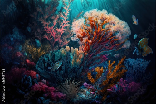 Colorful Reef  Underwater Background  Fishes in the Sea  Concept Art  Digital Illustration  Generative AI