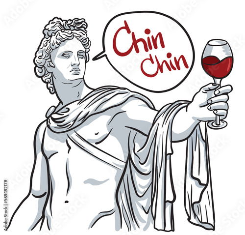 Vector illustration of antique bust of Apollo in hand drawn. Sketch style isolated on white. Print of man with glass of wine and text bubble. Apollon says 