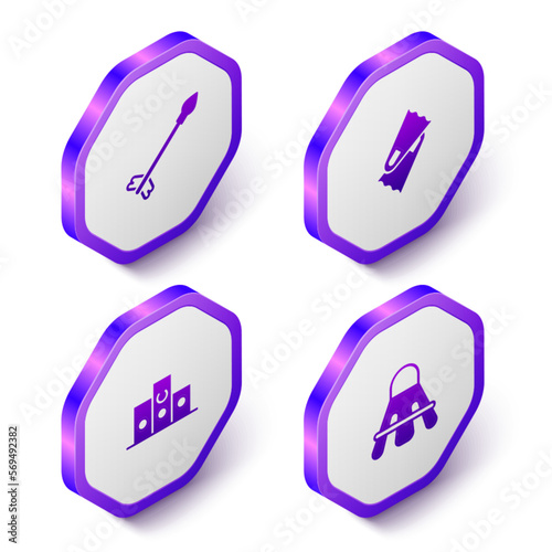 Set Isometric Medieval arrows, Flippers for swimming, Award over sports winner podium and Badminton shuttlecock icon. Purple hexagon button. Vector