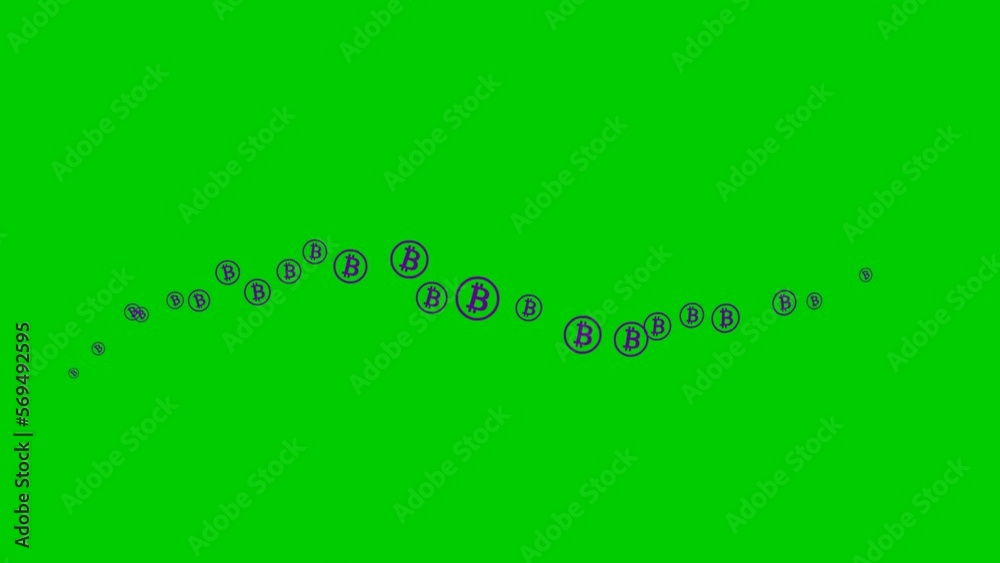Animated violet bitcoin coins fly from left to right. A wave with flying money. Concept of business, cryptocurrency, finance. Vector illustration isolated on the green background. Animated violet bitcoin coins fly from left to right. A wave with flying money. Concept of business, cryptocurrency, finance. Vector illustration isolated on the green background.