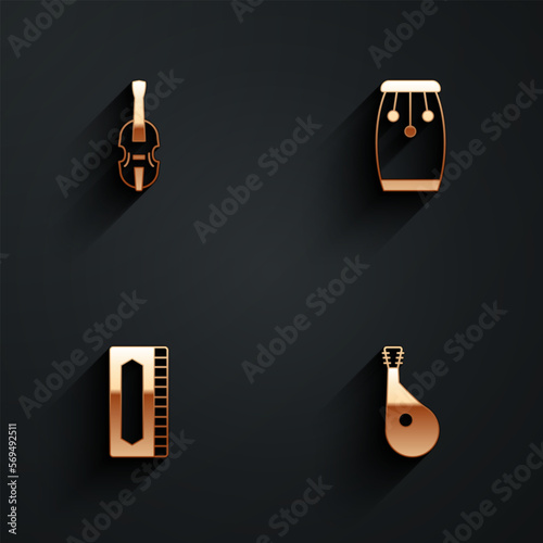 Set Violin, Conga drums, Harmonica and Bandura icon with long shadow. Vector