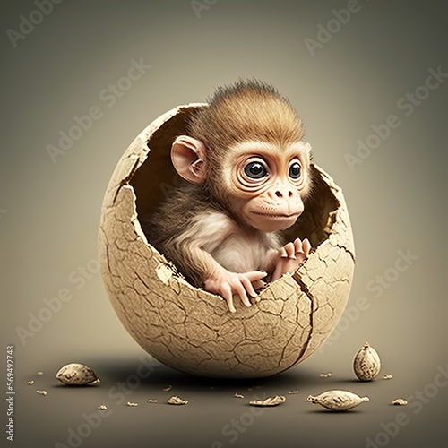 Baby cute little monkey hatching from an egg digital illustration animal evolution creation born birth banana peeping funny cracked shirk Generativ AI photo