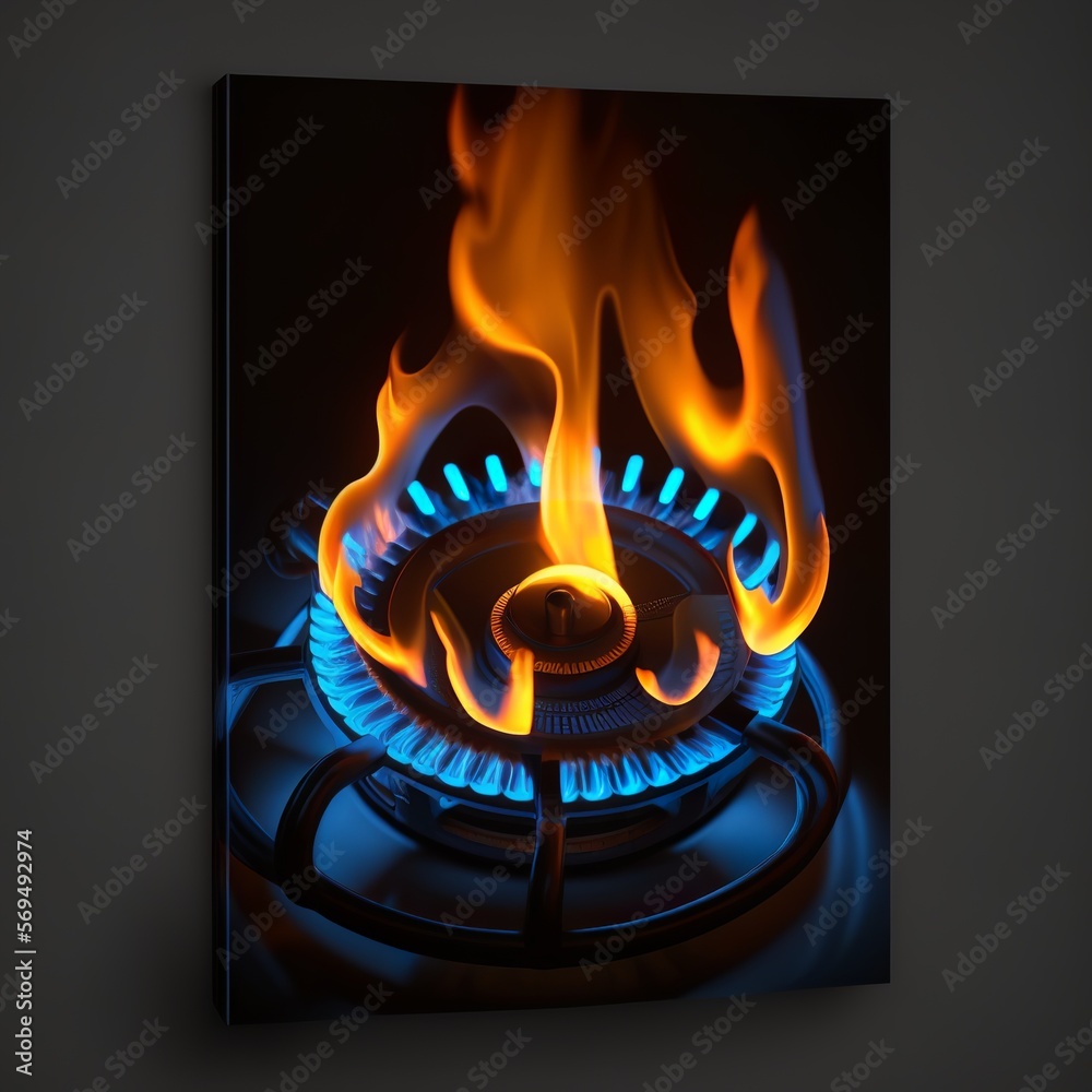 gas oven orange tongues of blue flame of a gas burner with black