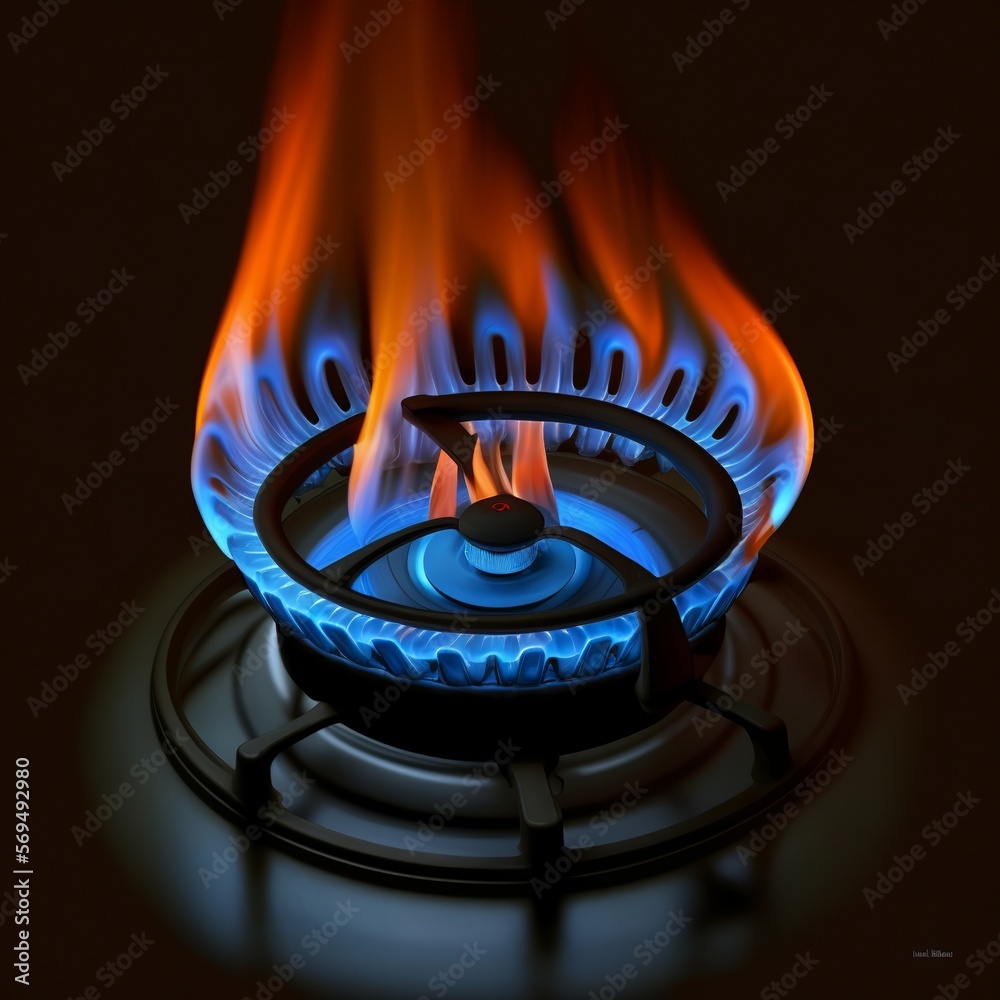 gas oven orange tongues of blue flame of a gas burner with black