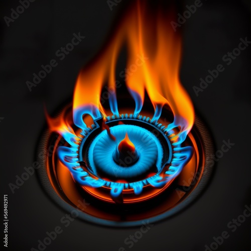 gas oven - orange tongues of blue flame of a gas burner with black background kitchen cooking fire burn hot freely orange blue lightning ring Generative AI photo